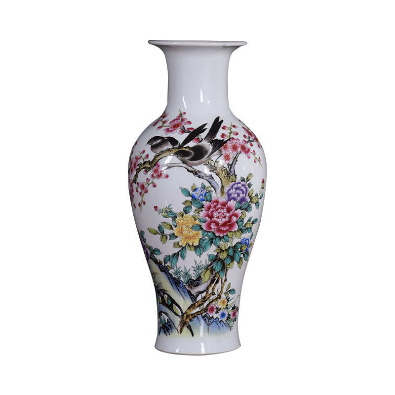 景德镇工艺品花瓶批发 粉彩大号鱼尾瓶鸟语花香 中式古典花瓶摆件
