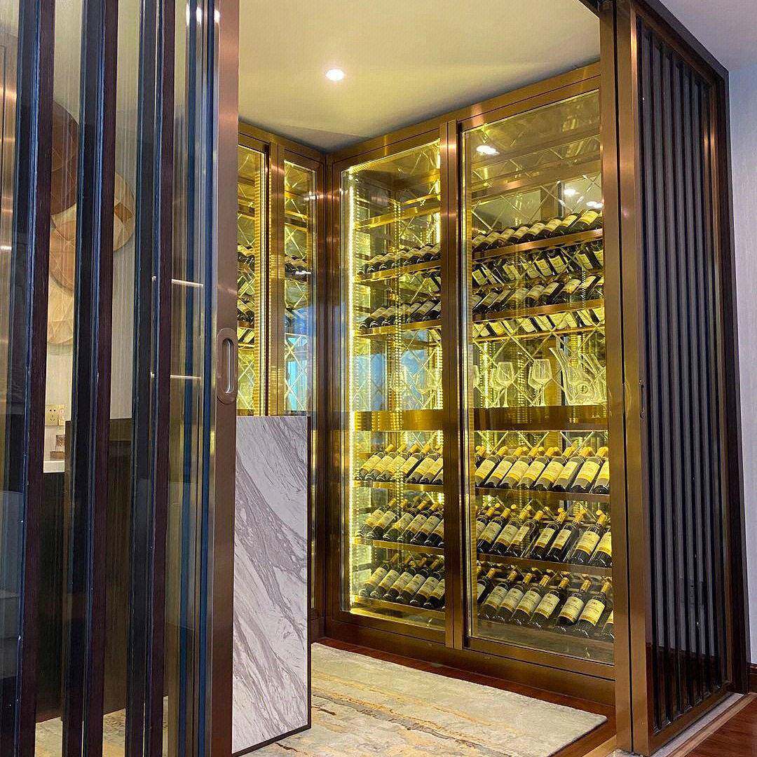 新款直销酒窖不锈钢酒柜转角内嵌档金属展示柜酒庄恒温红酒柜玫瑰