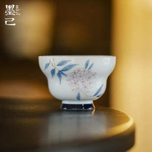 墨己手绘粉彩绣球花陶瓷葫芦茶杯功夫茶具家用玉泥白瓷团花品茗杯