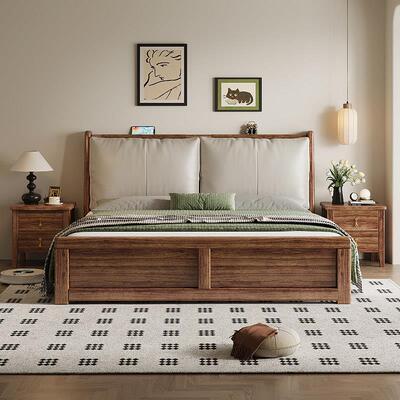 新中式乌金木软包床1.8米双人床1.5m高箱储物床现代主卧实木大床