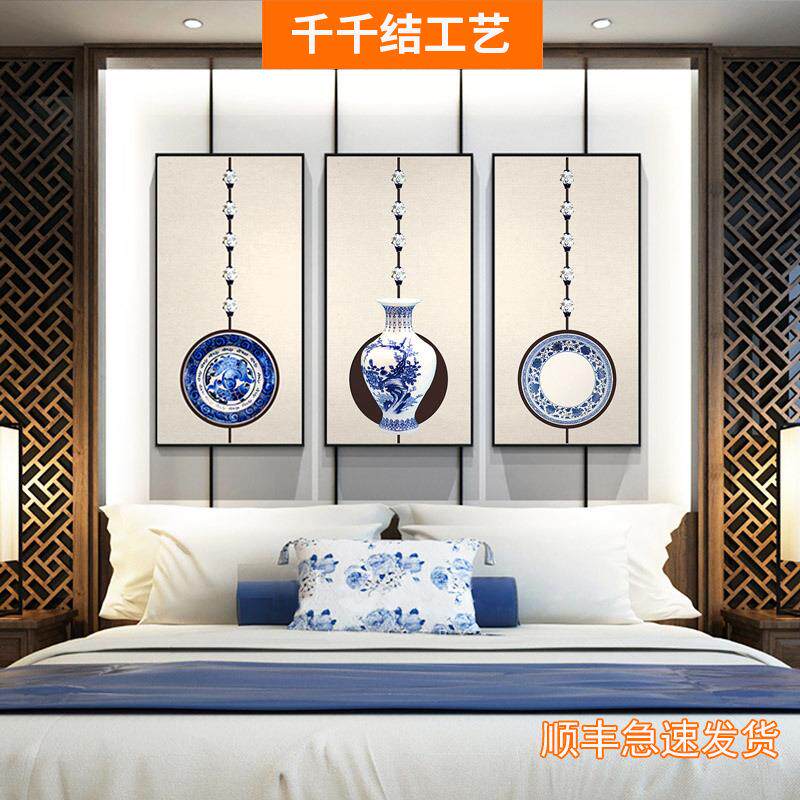 新中式青花装饰画客厅玄关走廊过道书房茶室壁画餐厅两联禅意挂画