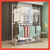 收杆晾衣架家用落地加粗衣柜∞阳台立式 挂衣纳凉双层衣帽架衣架