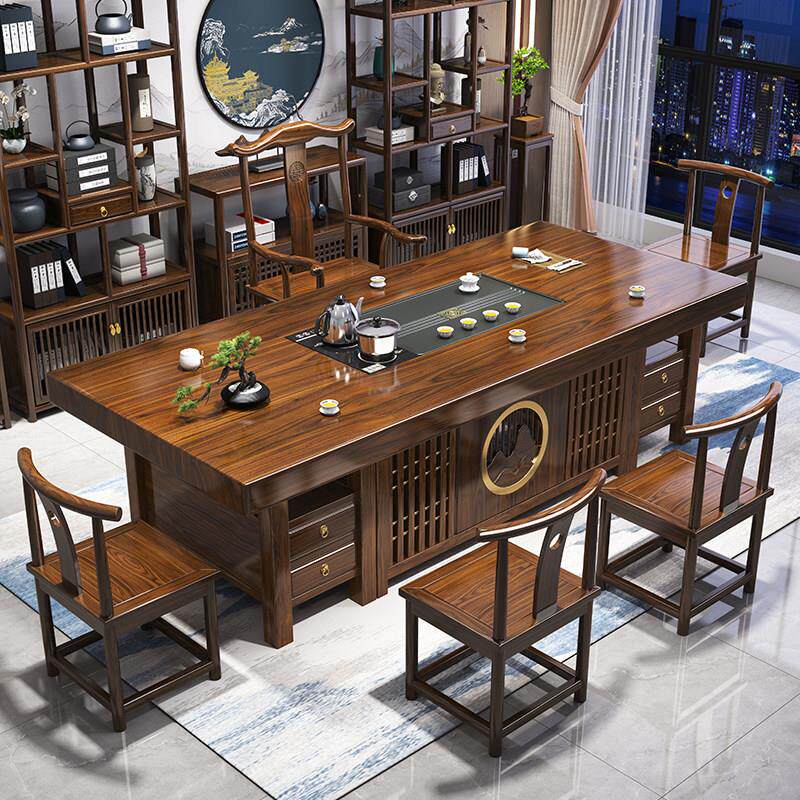 实木大板茶桌椅组合一桌五椅新中式办公室茶几简约家用客厅泡茶台