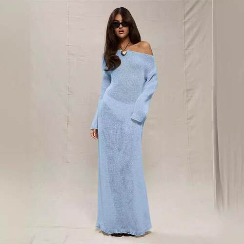 Women's off shoulder hollow knitted long skirt with hip