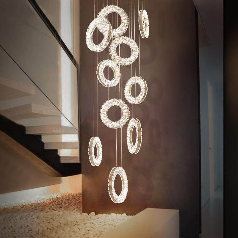 水晶吊灯长吊灯现代简约复式楼中空水晶圆环别墅跃层旋转楼梯吊灯