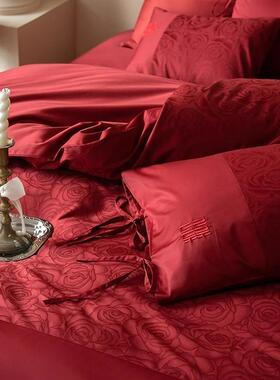 ~正红色囍结婚喜庆亲肤四件套贡缎提端花A0114012高嫁娶男女棉床