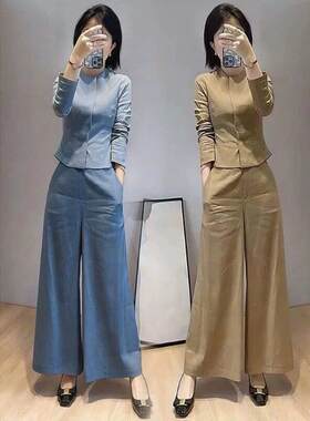 韩版春秋季休闲时尚套装女装高级感洋气高腰衬衫阔腿裤通勤两件套