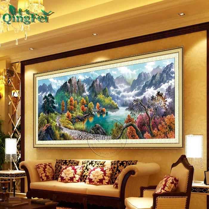青飞精准印布流水生财十字绣江山如画聚宝盆江南水乡客厅装饰满绣