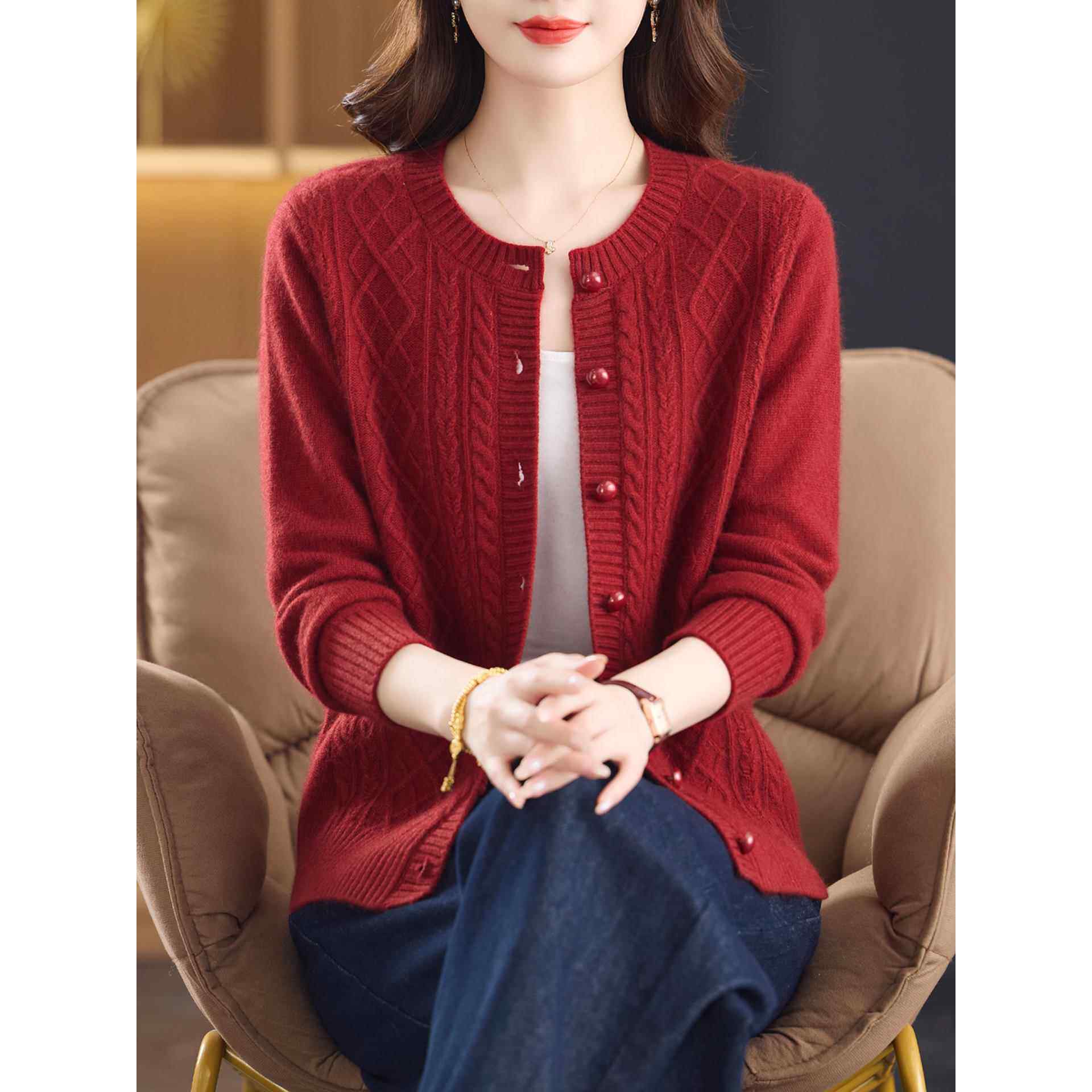 羊毛开衫外套女加厚冬季2025新款妈妈宽松大码100%纯羊毛保暖毛衣