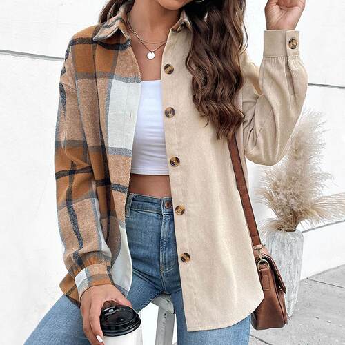 Women's long sleeved color blocked plaid jacket