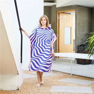 可穿带帽吸水浴巾无袖 披风斗篷超细纤维印花沙滩换衣浴袍速干浴袍