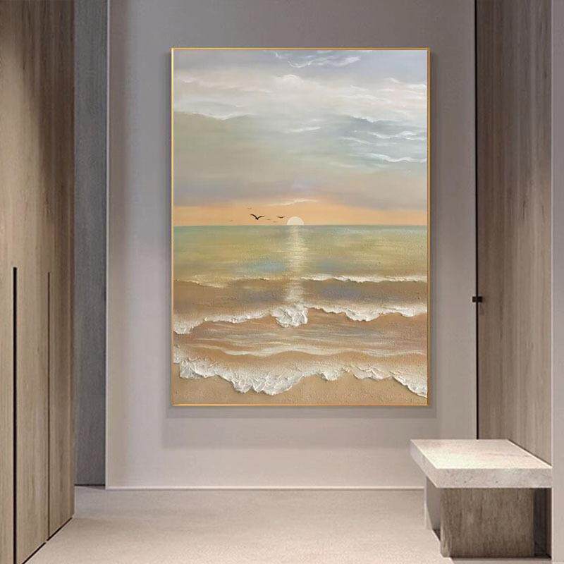 手绘油客厅FDS代装饰画海景日出风景画肌理纯画玄关竖版现挂画奶