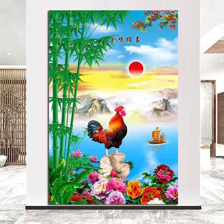 金鸡报喜挂画雄鸡富贵竹牡丹靠山图招财风水画旺宅大门玄关装饰画图片