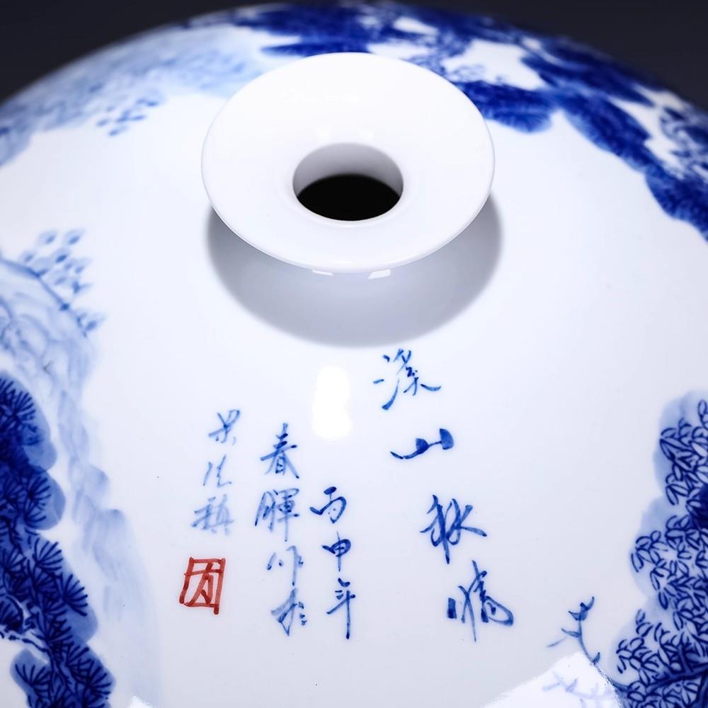 景德镇师傅手绘青花溪山秋晴花瓶 陶瓷器摆件小号青花瓷瓶子 爆款