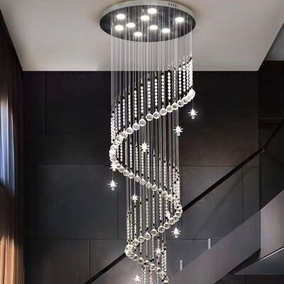 复式别楼楼梯圆吊3灯简中约现代欧式墅客厅楼楼长吊灯形水晶吊灯