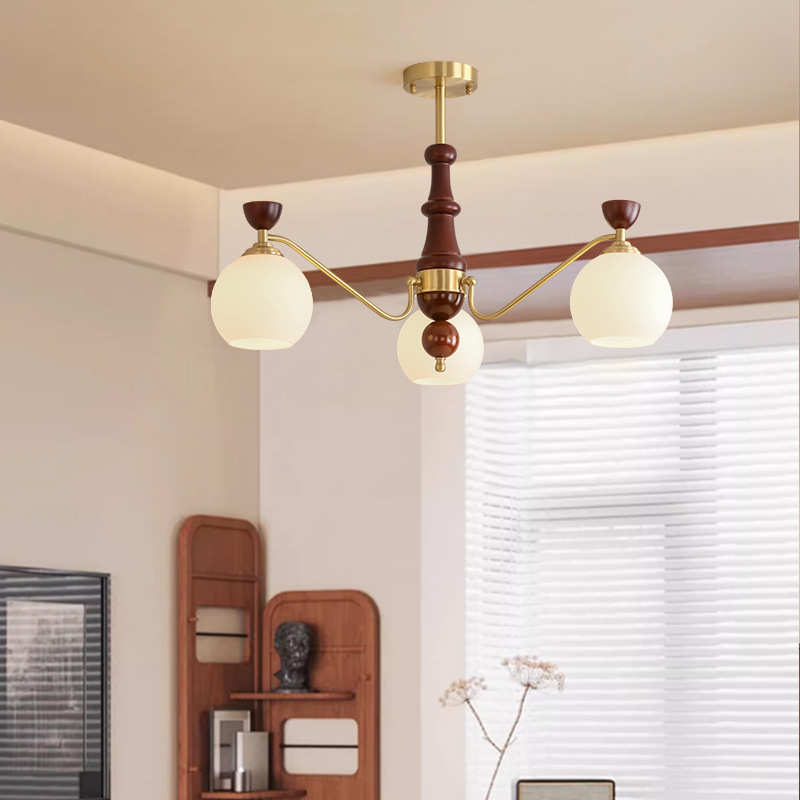 中古风胡桃木吊灯客厅卧室主灯新中式美式复古书房餐厅吸顶铜灯具