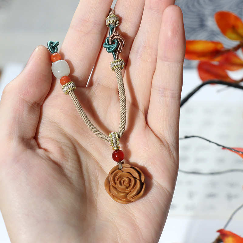 印度老山檀香雕刻汽车手机挂件玫瑰花手把件文玩木质饰品情侣吊坠