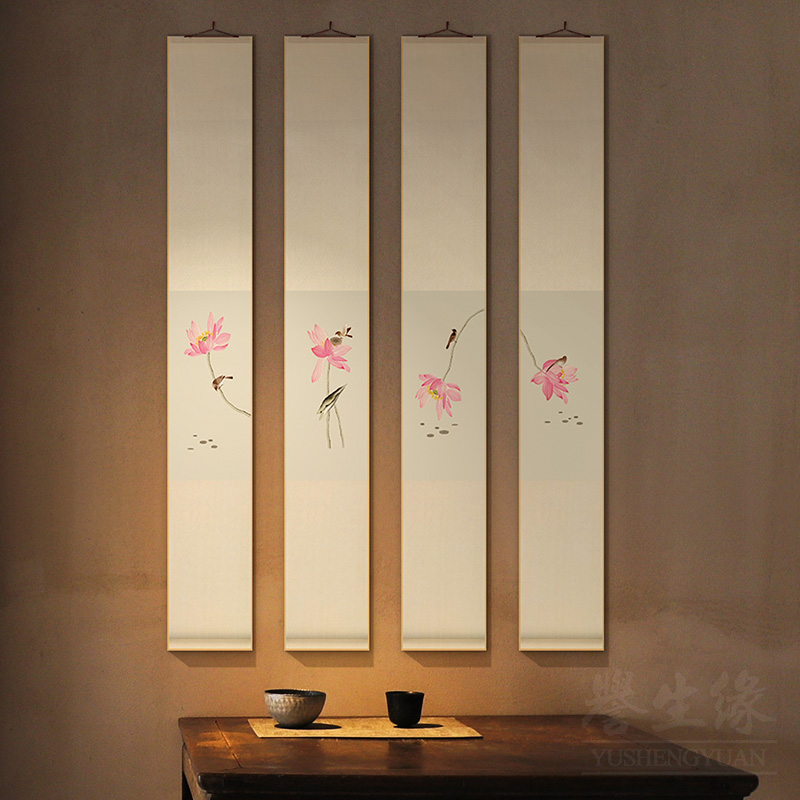 荷花新中式卷轴挂画竖版餐厅装饰画客厅书房茶室背景墙四联壁画
