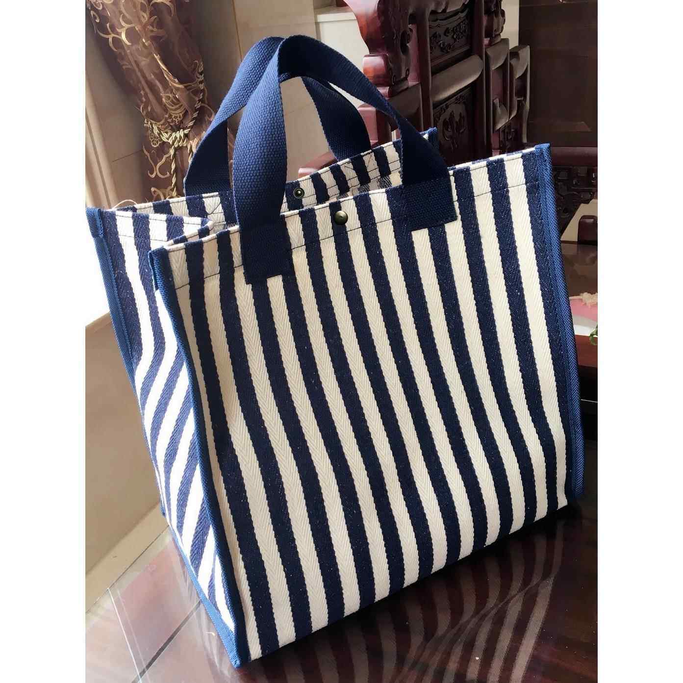 韩版条纹手提袋大号购物袋大容量防水饭盒袋妈咪包学生手拎帆布袋