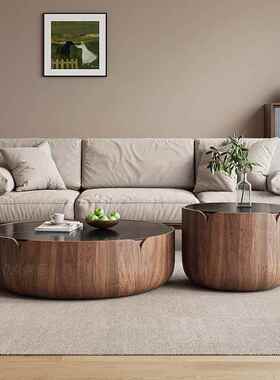 MZ代84现8圆E形实木黑色茶几简约小户型客厅家用胡桃木艺术AQB花