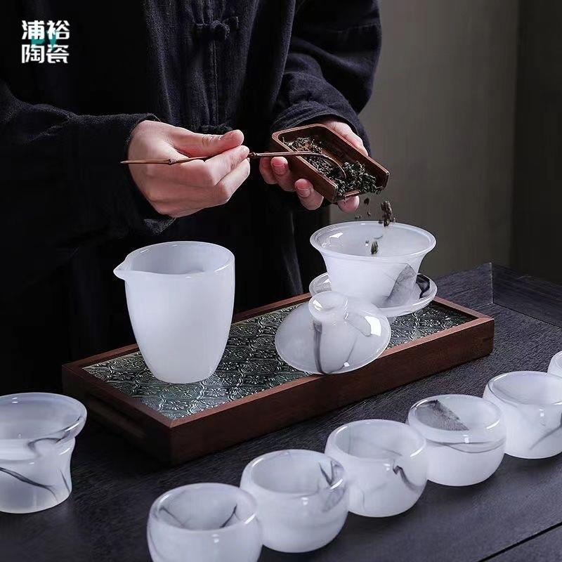 复古冰种琉璃茶具套装高档简约三才盖碗套组不烫手家用功夫泡茶器