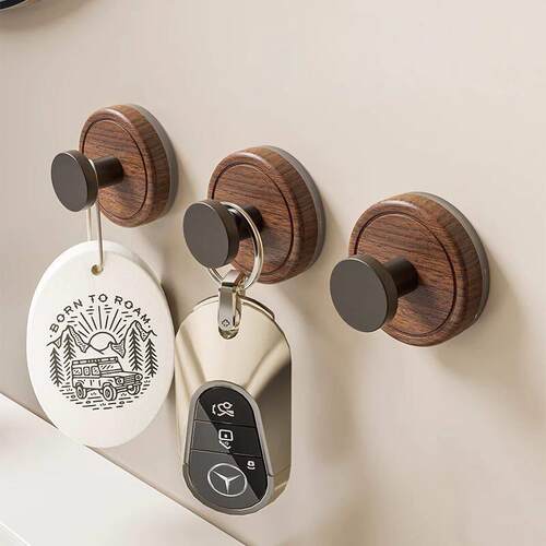 胡桃木纹吸盘挂钩衣服挂衣架中古风门后卫生间厨房浴室粘钩免打孔