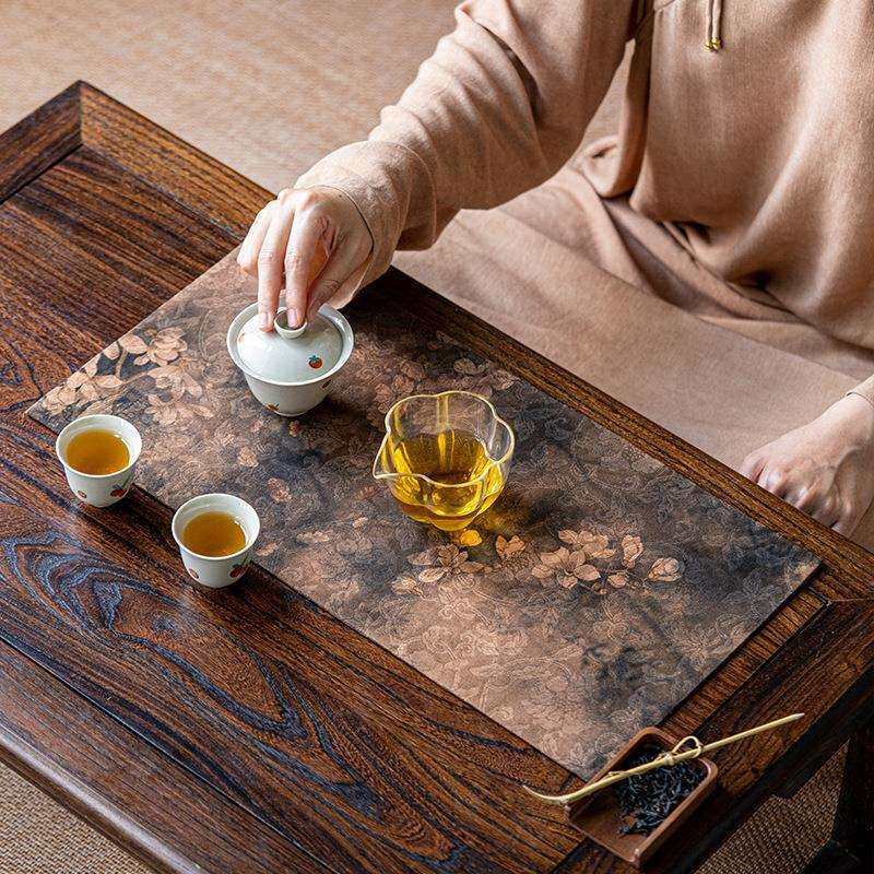 老料香云纱茶席禅意古朴茶花图案桌旗布艺桌布茶布禅心茶艺新中式