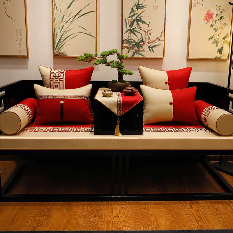 红色新中式实木沙发坐垫红木家具罗汉床垫子五件套棉麻透气海绵垫