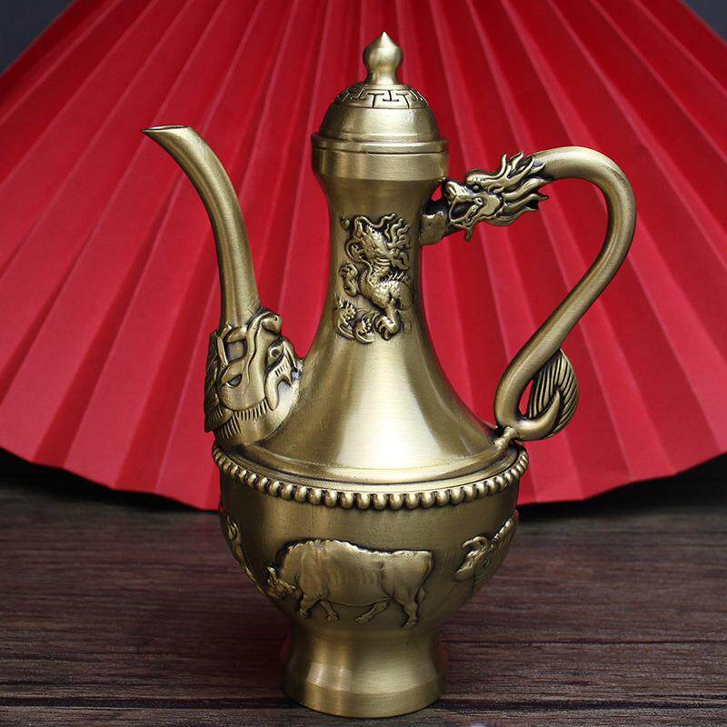 铜龙凤酒壶家居桌面铜工艺tt-酒壶铜品件纯铜双摆凤酒壶宴会婚庆