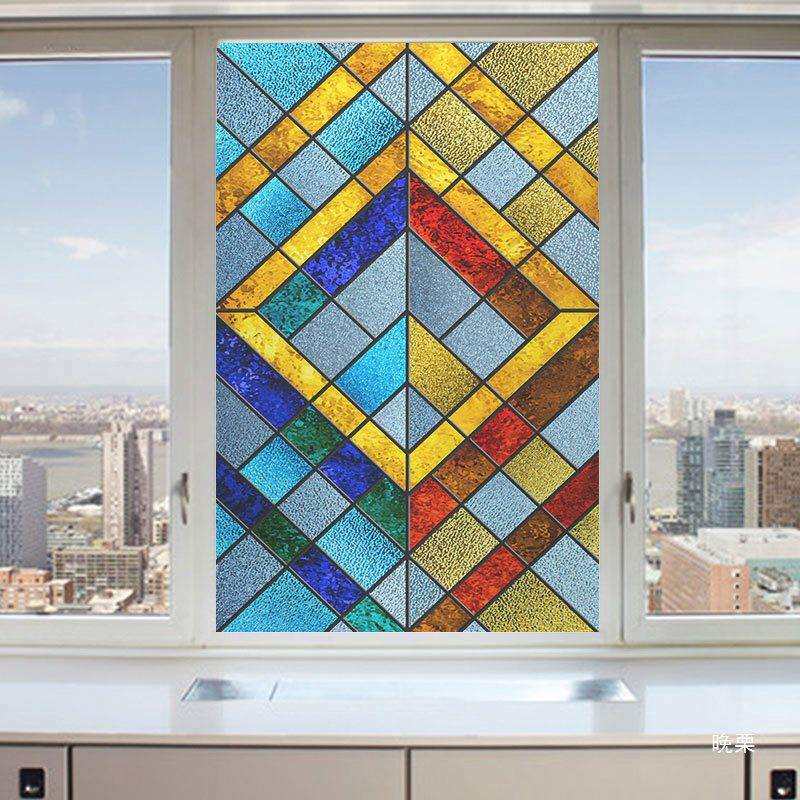 欧式教堂窗户玻璃贴纸厨房阳台门彩色复古艺术无胶磨砂贴膜防走光