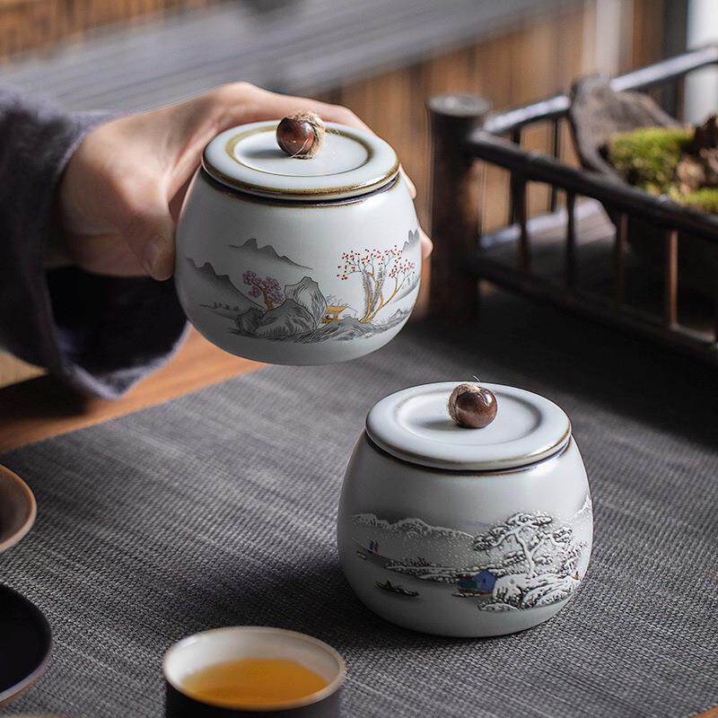 陶瓷汝窑茶叶罐密封防潮家用存茶罐普洱复古醒茶罐功夫茶具储茶仓