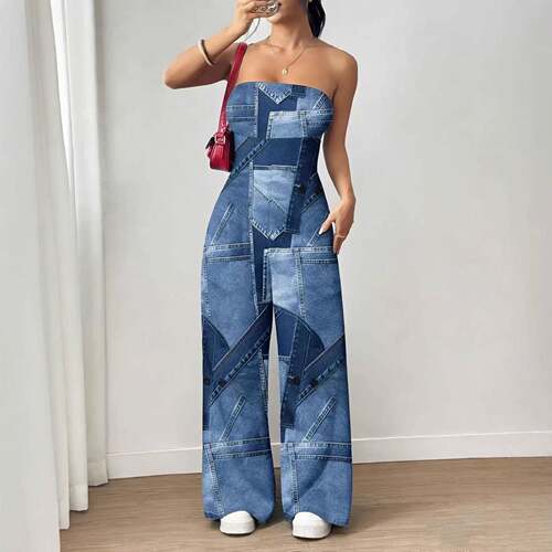 Plus Size Vintage Patchwork Faux Denim Pattern Printed Wide