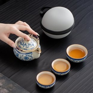 高档陶瓷一壶三杯快客杯随身泡茶套装 青花汝窑户外旅行茶具便携式