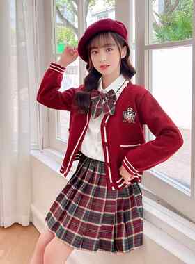 校服裙三件套百褶裙背诵合唱表演套装红毛衣学院风女生裙