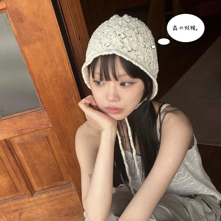 高品质~韩国系带镂空花纹米色冷帽女薄款包头针织帽堆堆帽辣妹风