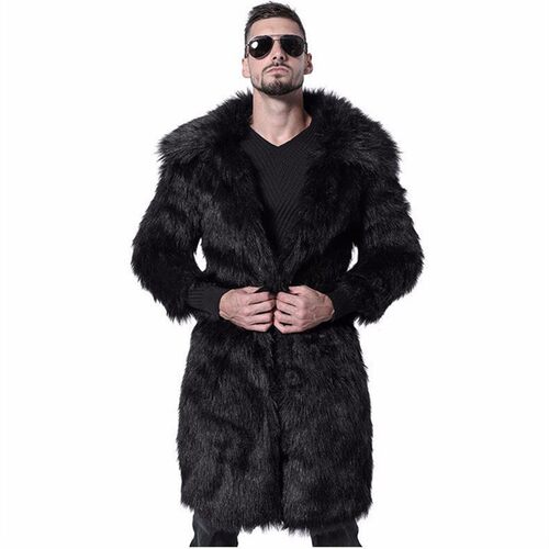 欧美男士仿皮草大衣长款西服领外套冬季加厚保暖大码皮草风衣现货