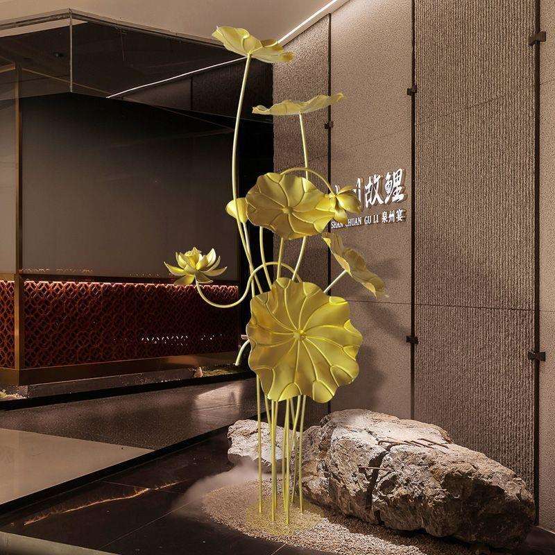 水景装饰水池立体莲花荷花不锈钢荷叶景观金色摆件树创意新中式