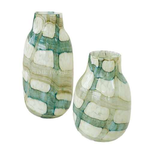 网格手工高级氛围器中式艺术瑞典新中古玻璃花琉璃肌理感花瓶蓝绿