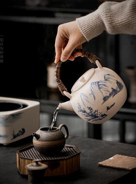复古白色提梁壶粗陶茶壶陶瓷带过滤单壶电陶炉炭炉全套围炉煮茶器
