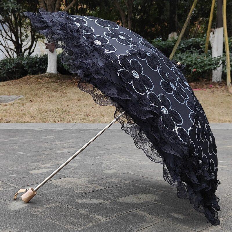 黑色蕾丝亮片遮阳伞抗UV二折黑胶晴雨两用防晒高档公主洋伞