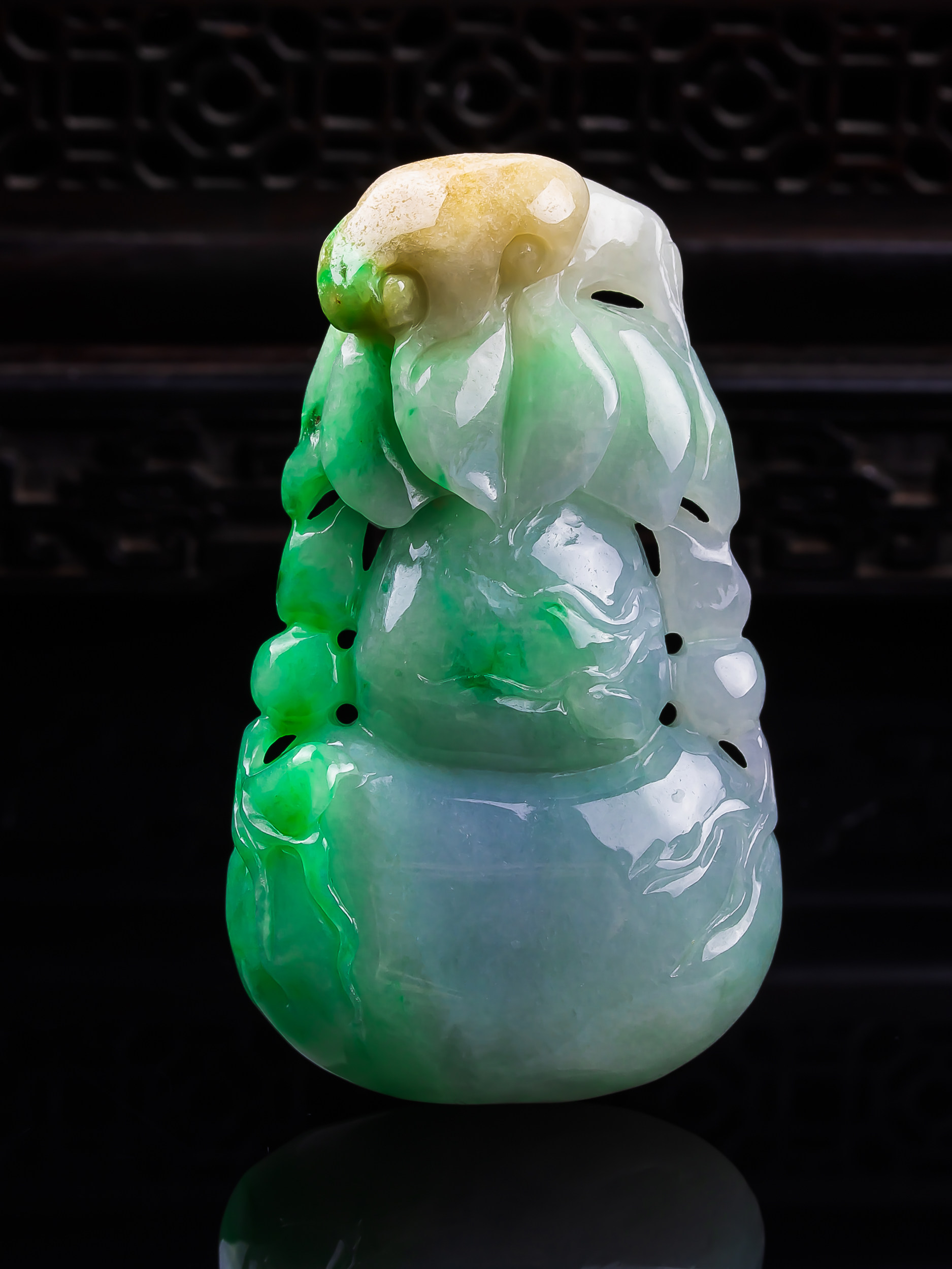缅甸天然真品翡翠冰黄翡飘绿花高端精品珠宝闪拍葫芦玉石吊42.30g