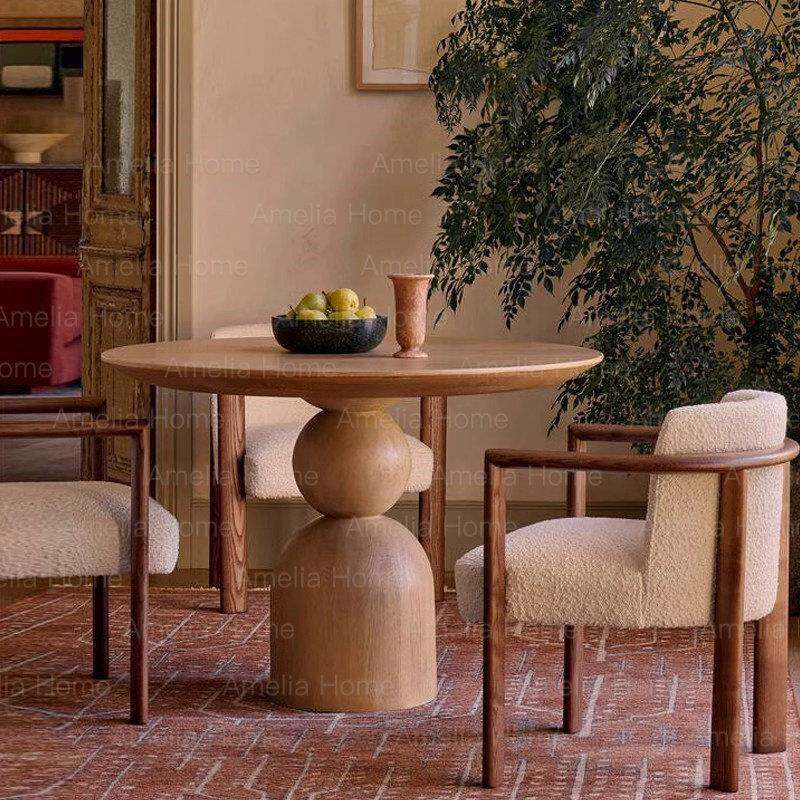 法式简约实木家用餐厅餐桌椅组合 美式乡村设计师圆形复古餐台