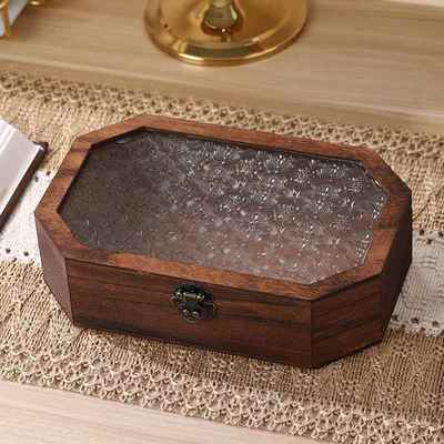 实木首饰盒收纳盒复古八边形收藏盒玻璃木制盒精致木盒子收纳宝箱
