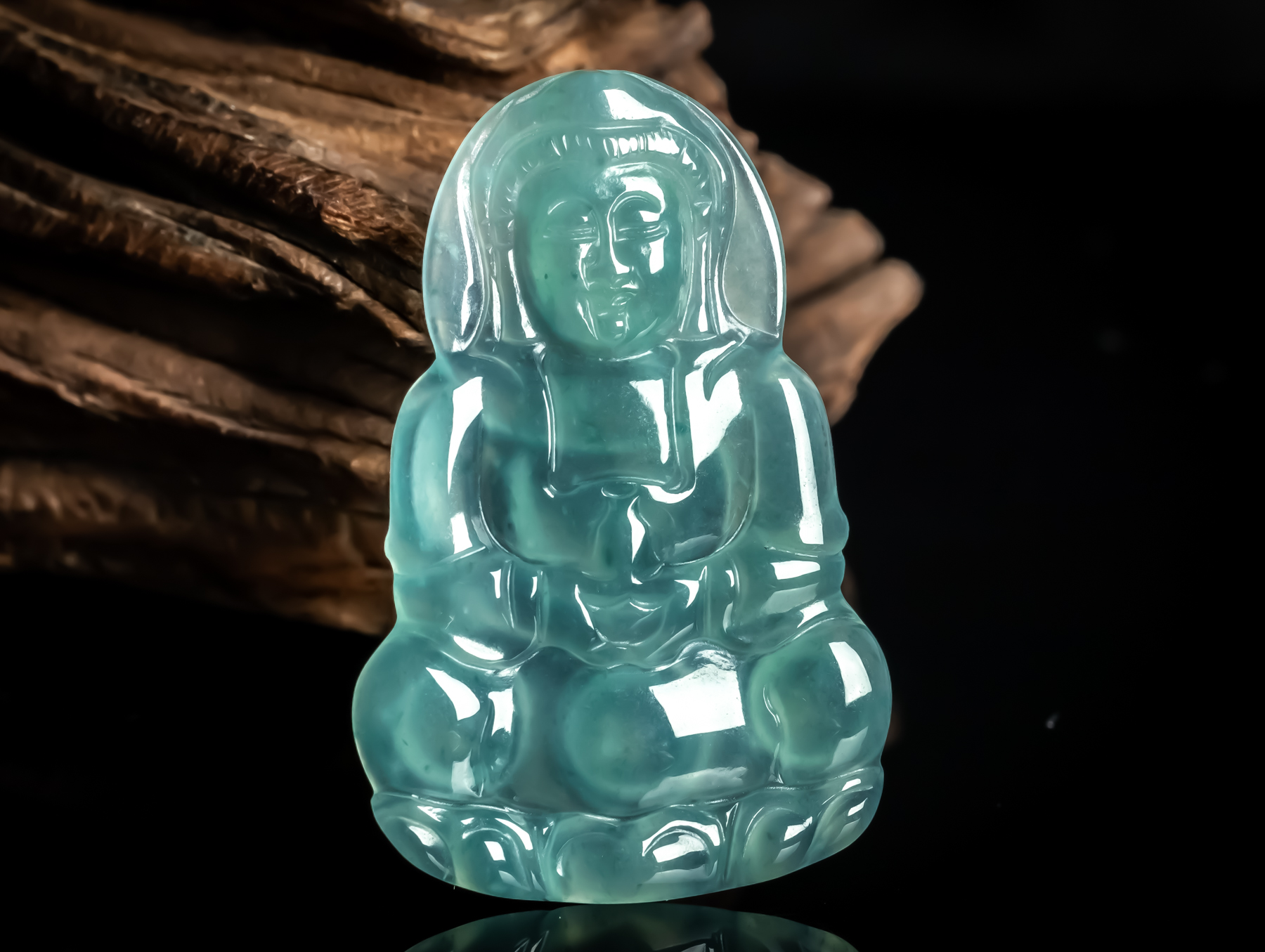 天然真品翡翠正品 冰水润细腻冰透精细冰蓝水满色精雕观音吊坠