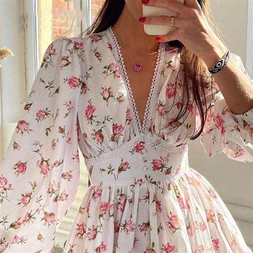 Temperament Sweet Print V-Neck Lace Short Dress