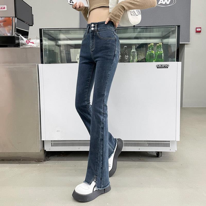 自家高腰喇叭牛仔裤女薄款2025春夏紧身显瘦直筒开叉拖地微喇叭裤