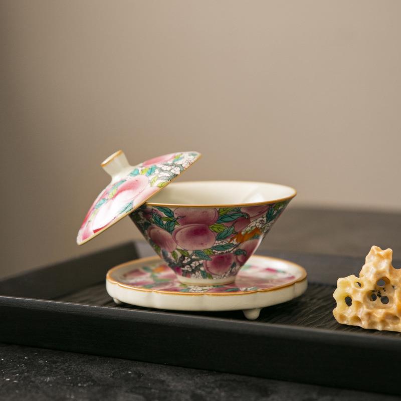 仿宋米黄汝窑三才盖碗茶杯开片可养可悬停防烫九桃三件套盖碗茶具