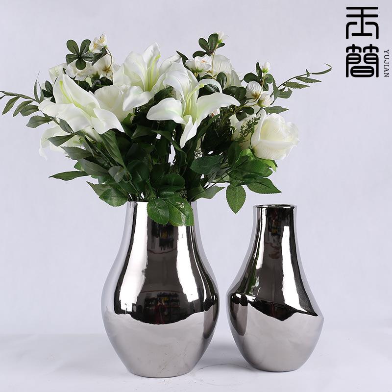 现代简约镀银陶瓷花瓶摆件创意北欧家居客厅软装样板房售楼处摆设