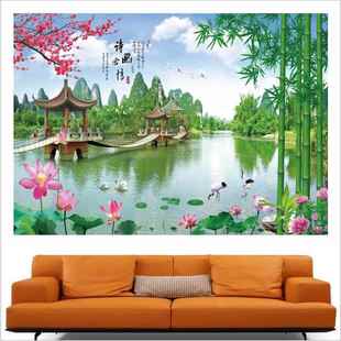 山水画荷花图装饰画沙发电视背景墙壁画竹子湖水凉亭风景画