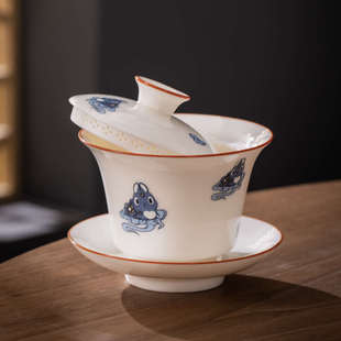 羊脂玉瓷三才盖碗茶杯防烫单个陶瓷泡茶盖碗白瓷不烫手敬茶碗茶具